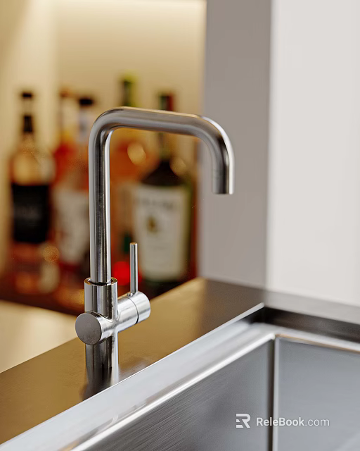 Modern Kitchen Sink With Stainless Steel Faucet On Countertop And Bottles In Background 3d model 