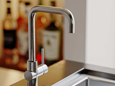 Modern Kitchen Sink With Stainless Steel Faucet On Countertop And Bottles In Background 3d model