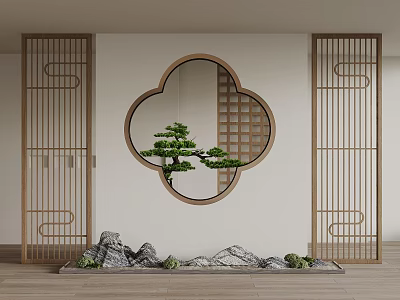 Japanese Style Wooden Lattice Room Divider with Circular Window Pine Tree and Stone Decor 3d model
