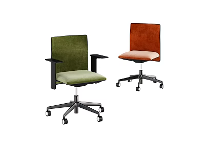 Two Modern Office Chairs in Green and Orange with Armrests and Wheels 3d model