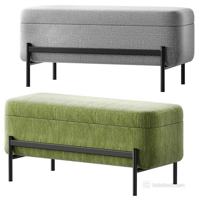 Gray And Green Upholstered Storage Sofa Bench With Black Metal Legs 3d model 