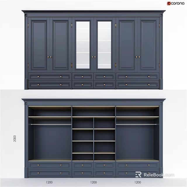 Dark Blue Dresser with Mirror Cabinet Doors Drawers and Open Shelves 3d model 