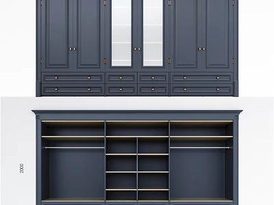 Dark Blue Dresser with Mirror Cabinet Doors Drawers and Open Shelves 3d model
