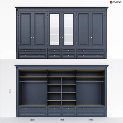 Dark Blue Dresser with Mirror Cabinet Doors Drawers and Open Shelves 3d model
