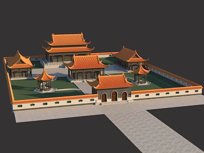 Traditional Chinese Ancient Architecture with Orange Tiled Roofs Overhanging Eaves and Courtyard Enclosure 3d model