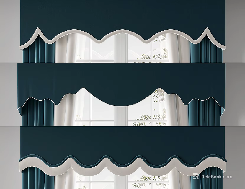 Elegant Dark Blue Curtains With Wavy White Edges And Sheer Window Panels 3d model 