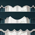 Elegant Dark Blue Curtains With Wavy White Edges And Sheer Window Panels