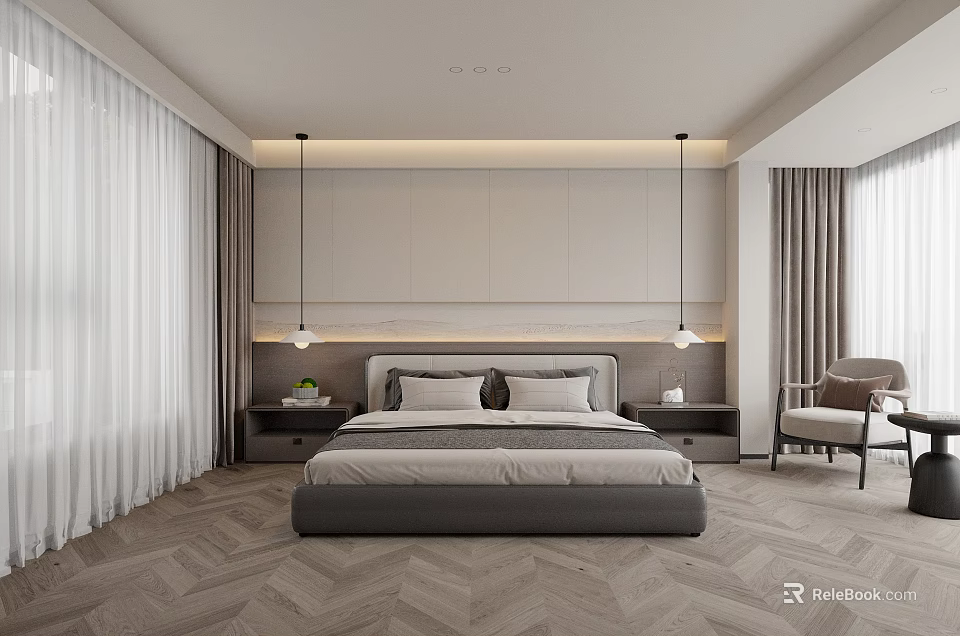 Modern Minimalist Bedroom Interior Design With Gray Bed Frame Herringbone Flooring And Bedside LED Strip 3d model 