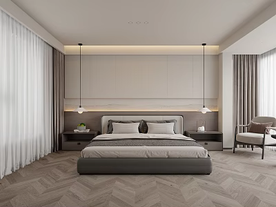 Modern Minimalist Bedroom Interior Design With Gray Bed Frame Herringbone Flooring And Bedside LED Strip 3d model