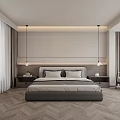 Modern Minimalist Bedroom Interior Design With Gray Bed Frame Herringbone Flooring And Bedside LED Strip