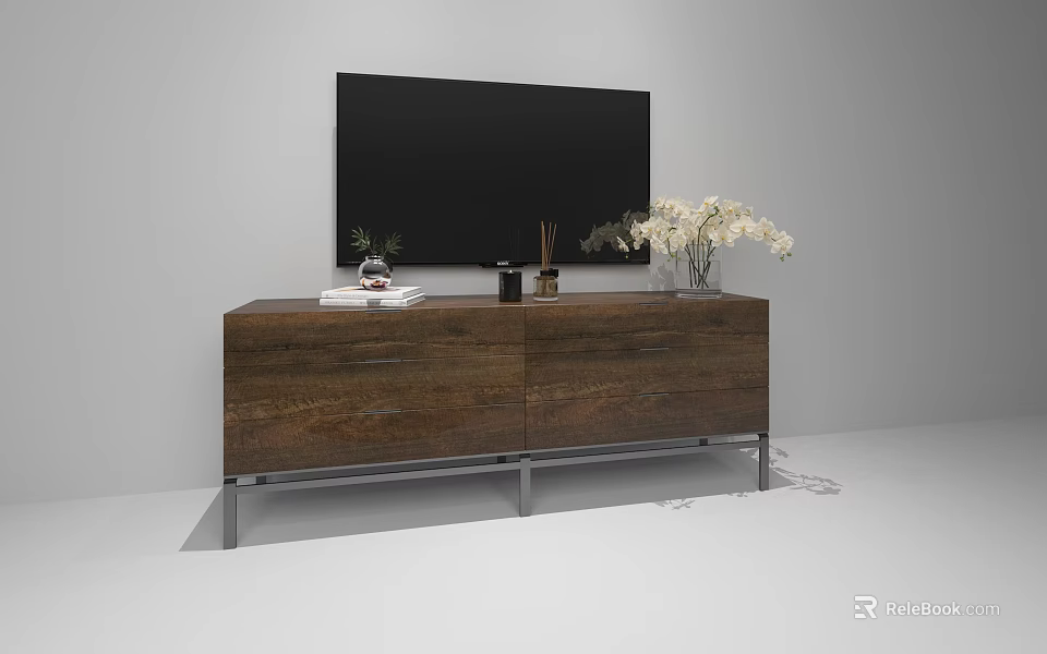 Modern Wooden TV Cabinet With Drawers Metal Legs TV White Flowers Plant And Books 3d model 