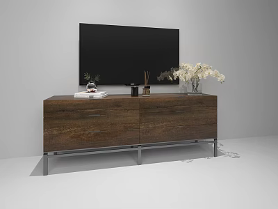 Modern Wooden TV Cabinet With Drawers Metal Legs TV White Flowers Plant And Books 3d model