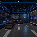 Modern KTV Interior With Neon Lights Blue Walls Comfortable Sofas Large Screens And Black And White Checkerboard Floors