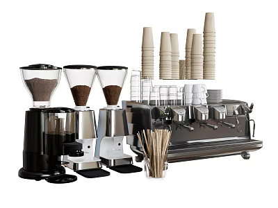 Commercial Coffee Equipment Setup With Espresso Machine Grinders Paper Cups And Straws 3d model