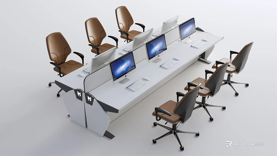 Long White Office Desk With Multiple Computer Monitors And Brown Wheeled Office Chairs 3d model 