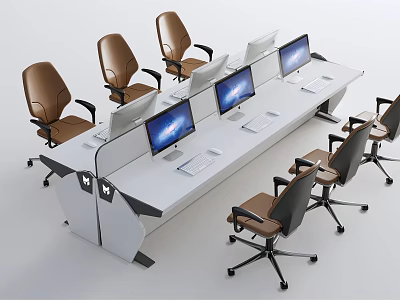 Long White Office Desk With Multiple Computer Monitors And Brown Wheeled Office Chairs 3d model