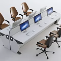 Long White Office Desk With Multiple Computer Monitors And Brown Wheeled Office Chairs
