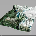 3D Terrain Model Featuring Snow Covered Mountains And Green Vegetation 3d model
