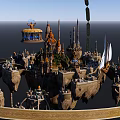 Cartoon Scene of Enchanted Castle with Spires Towers Hilltop Fountain Platform and Bridge