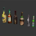 Various Alcohol Bottles and Glassware Displayed on Dark Background with Reflections