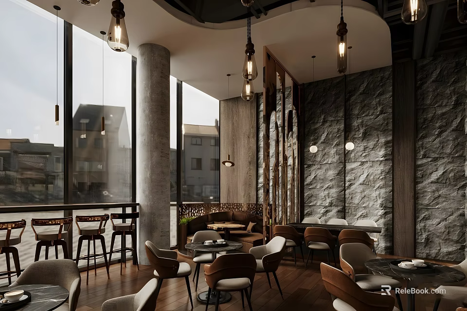 Modern Coffee Shop Interior With Large Windows Pendant Lights Stone Wall And Wooden Elements 3d model 