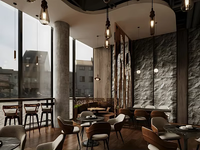 Modern Coffee Shop Interior With Large Windows Pendant Lights Stone Wall And Wooden Elements 3d model