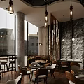 Modern Coffee Shop Interior With Large Windows Pendant Lights Stone Wall And Wooden Elements