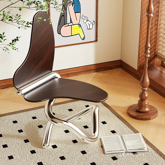 Modern Dark Wooden Single Chair With Curved Seat And Metal Frame On Patterned Carpet And Wooden Floor 3d model 