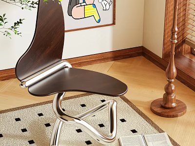 Modern Dark Wooden Single Chair With Curved Seat And Metal Frame On Patterned Carpet And Wooden Floor 3d model