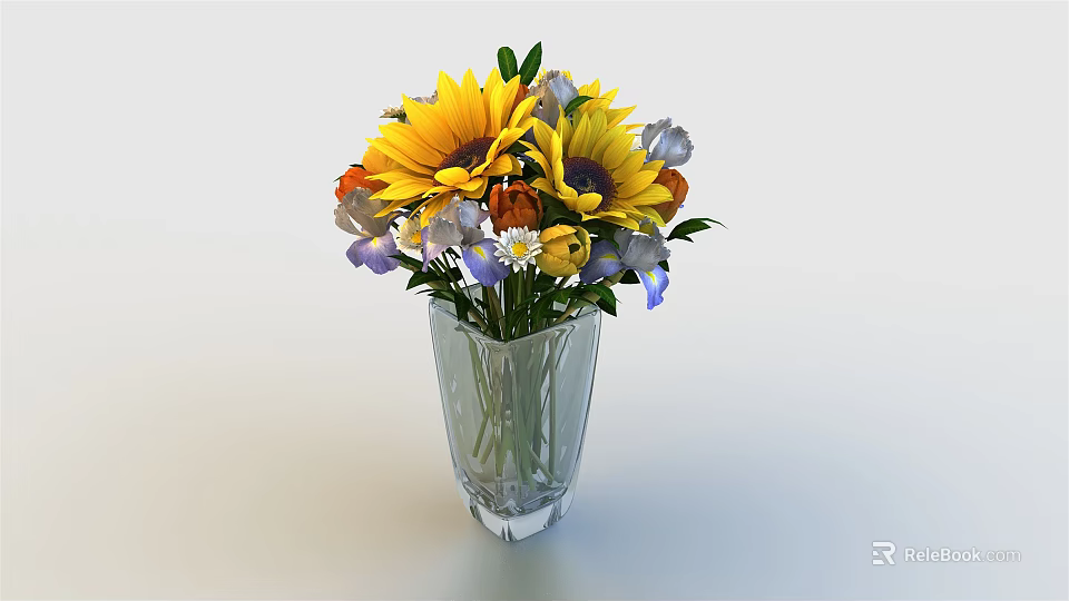 Transparent Ribbed Glass Vase With Sunflowers Purple White Orange Flowers For Home Decoration 3d model 