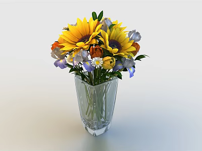 Transparent Ribbed Glass Vase With Sunflowers Purple White Orange Flowers For Home Decoration 3d model
