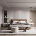 Modern Bedroom Interior With Bed Nightstands Rug Ottoman And Decorative Accents