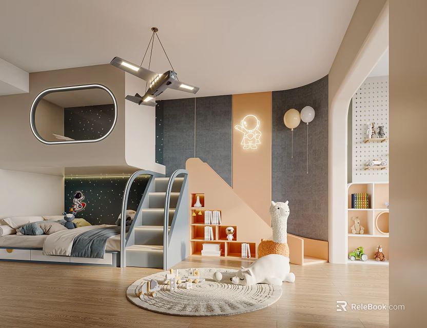 Kids Bedroom With Bunk Bed Slide Starry Decor Stuffed Llama Bookshelf And Rug 3d model 