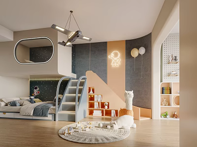 Kids Bedroom With Bunk Bed Slide Starry Decor Stuffed Llama Bookshelf And Rug 3d model