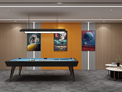 Modern Billiard Room Interior With Pool Table Decorative Paintings And Hanging Lights 3d model