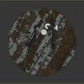 Two Black Long Guns on a Wooden Round Platform with Blue and White Peeling Paint