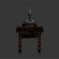 Traditional Long Wooden Carved Table with Candle Holders and Incense Burner Classic Design