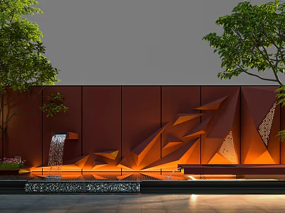 Modern Geometric Wall Design With Waterfall And Surrounding Green Trees 3d model