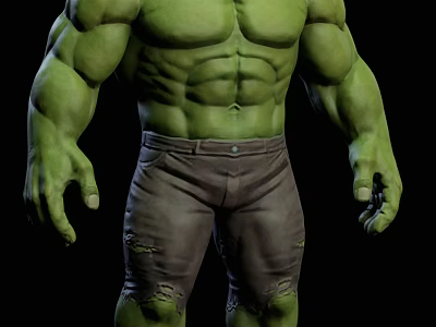 Muscular Green Hulk Character With Powerful Build And Torn Brown Pants 3d model