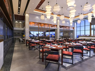 Modern Restaurant Interior With Elegant Chandeliers Wooden Tables And Red Chairs 3d model