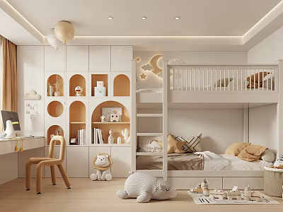 Cozy Modern Kids Room with Bunk Bed Bookshelf Desk Chair Stuffed Toys Moon Star Decorations 3d model