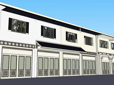Contemporary Commercial Complex Facade Featuring Storefronts Large Glass Windows And Decorative Elements 3d model