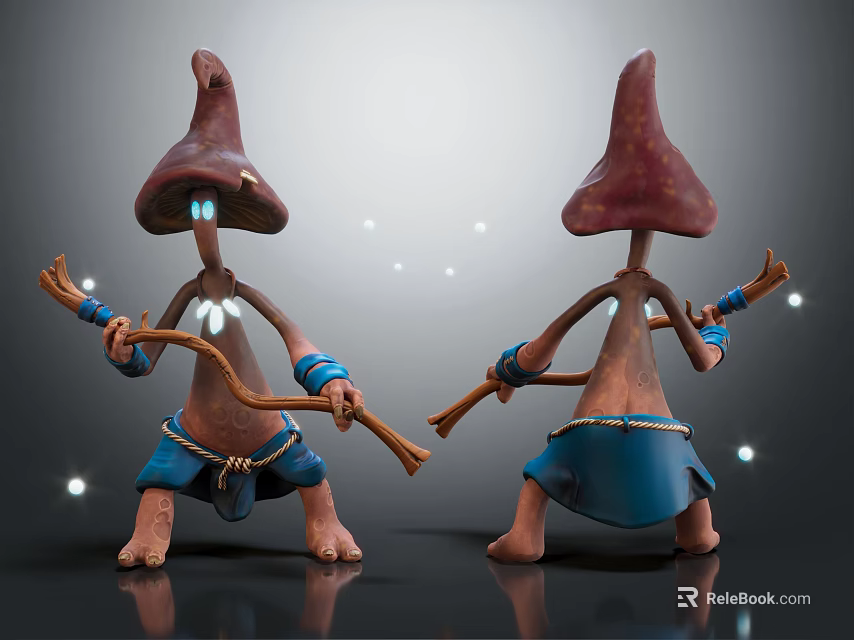 Mushroom Headed Humanoid Characters In Blue Shorts Holding Wooden Sticks With Glowing Particles 3d model 