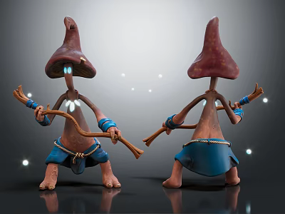 Mushroom Headed Humanoid Characters In Blue Shorts Holding Wooden Sticks With Glowing Particles 3d model