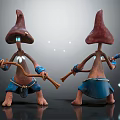 Mushroom Headed Humanoid Characters In Blue Shorts Holding Wooden Sticks With Glowing Particles