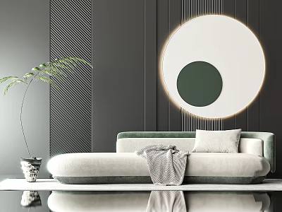 Soft Green Sectional Sofa With Throw Blanket Pillow Circular Wall Art And Potted Plant 3d model