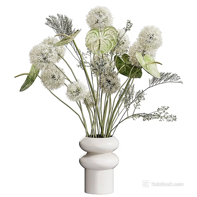 Elegant White Ceramic Vase With White Spherical Flowers Green Leaves And Delicate Foliage Arrangement 3d model 