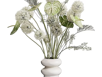 Elegant White Ceramic Vase With White Spherical Flowers Green Leaves And Delicate Foliage Arrangement 3d model