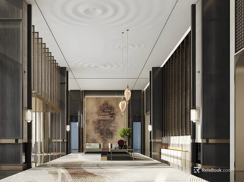 Hotel Corridor Modern Design With Wooden Screens Pendant Lights And Patterned Carpet 3d model 