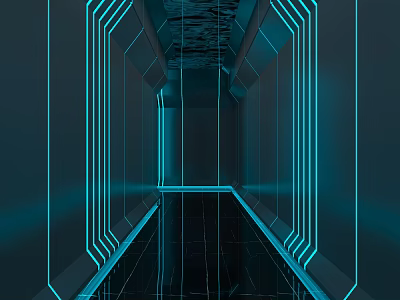 Futuristic KTV Corridor Design With Blue Neon Lights And Black Reflective Floor 3d model